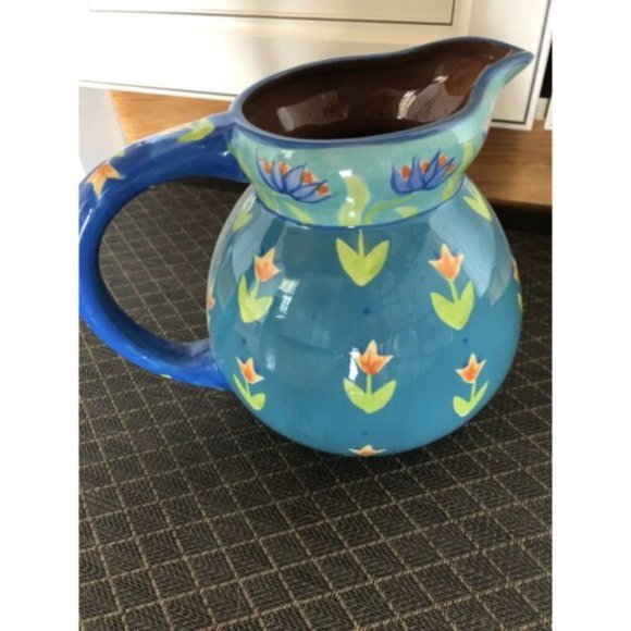 Sarah Mann Granada Pitcher Jug 8” Spring Floral Tulips Ceramic Decanter - Picture 6 of 8